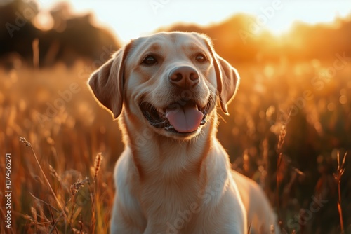 Happy Dog Enjoying Sunset in a Golden Field With Tall Grass and Warm Light