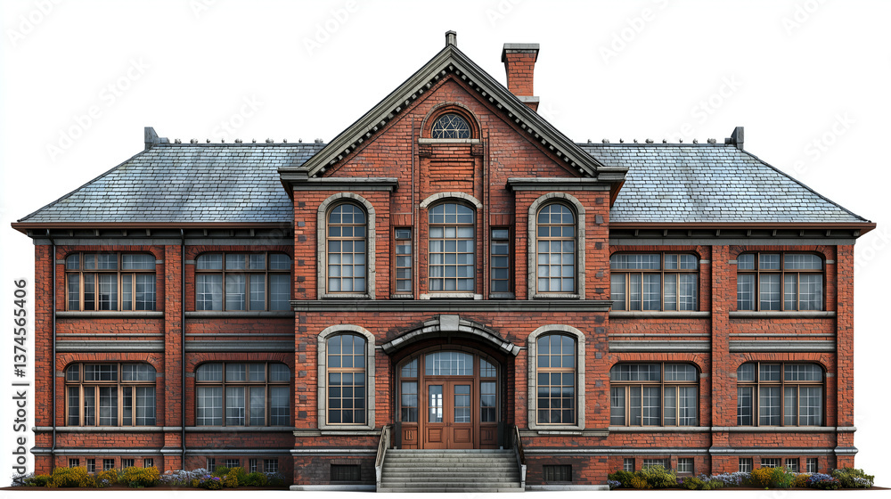Fototapeta premium Historical School Building with Classical Brick Architecture - Iconic Red Brick Facade and Vintage Design in Urban Landmark Setting