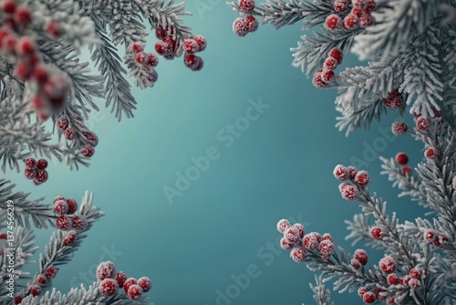Festive Winter Foliage With Frosted Berries Against a Blue Background