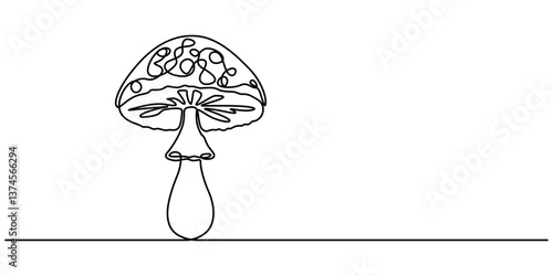 Mushroom line drawing. Nature food concept in continuous one single outline. Vector illustration isolated. Minimalist design hand drawn, Mushroom continuous one line drawing of isolated outline vector