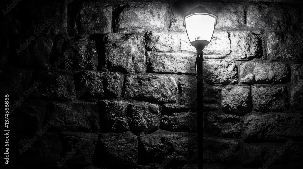 Fototapeta premium A single streetlight standing beside an old brick wall, creating deep contrasts.