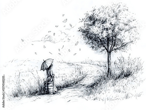 Autumn sketch: A colorful depiction of an autumn landscape, highlighting falling leaves and seasonal beauty.