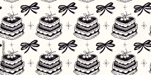 Delicious hand-drawn seamless retro pattern featuring layered cakes with cherries and bows, perfect for vintage sweets and bakery themes.