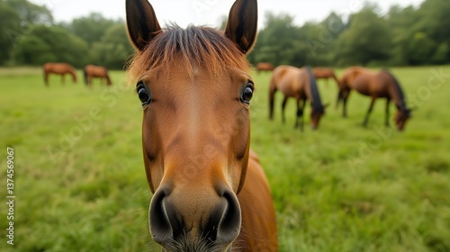 Horses Grazing in a Lush Green Field During a Bright Afternoon