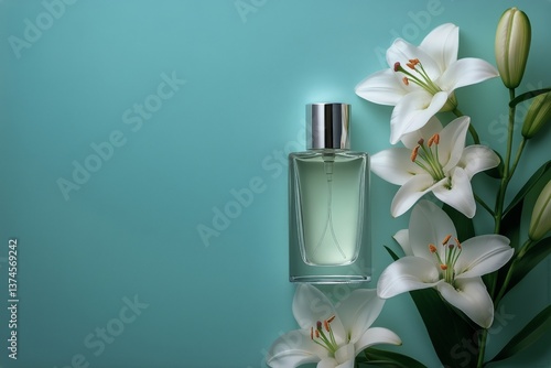 Elegant Perfume Bottle Surrounded by White Lilies on a Teal Background
