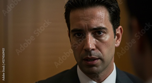 Close up of a sweaty man in a suit looking intently at someone off camera with a serious expression