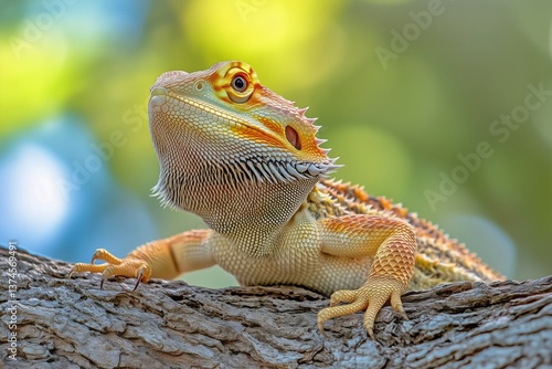 Colorful Bearded Dragon Resting on Tree Branch in Warm Sunlight During Aftern...