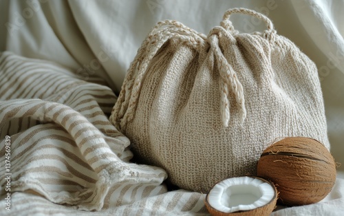 Rustic Burlap Bag With Coconuts Displayed Indoors During Natural Daylight