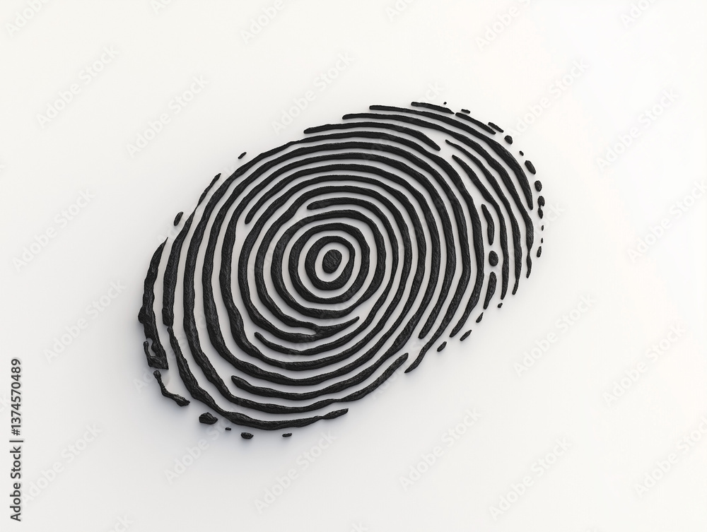 Black concentric fingerprint pattern against a plain white background, macro shot Black concentric fingerprint pattern against a plain white background, macro shot