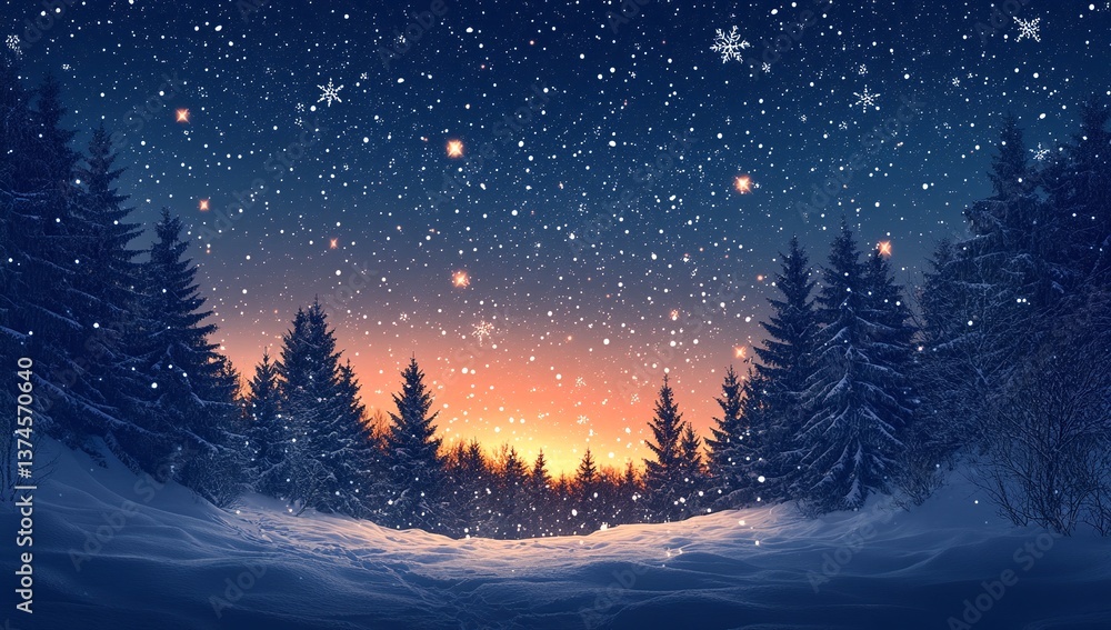 Fototapeta premium Magical winter sunset. Snow falls softly on a tranquil forest scene, creating a serene and picturesque landscape.