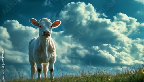 Calf Standing in a Sunny Field With Blue Sky and Fluffy Clouds in the Background