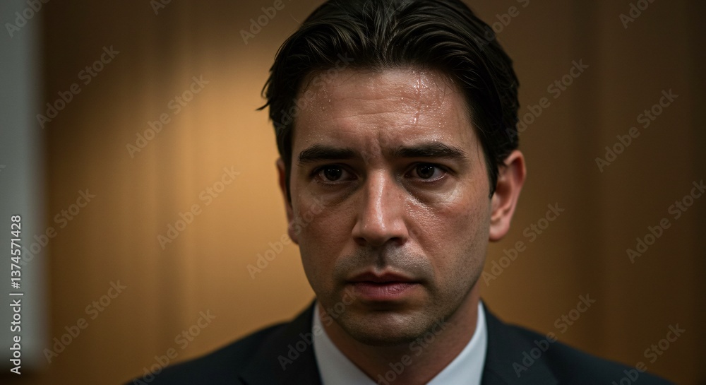 Close up of a man in a suit with a serious expression and sweat on his forehead looking down slightly Close up of a man in a suit with a serious expression and sweat on his forehead looking down slightly