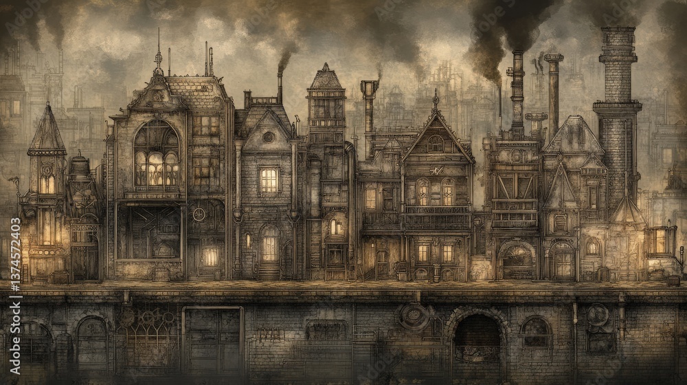 Fototapeta premium Intricate Steampunk Cityscape with Smokestacks, Pipes, and Detailed Architecture in a Dark, Atmospheric Environment Featuring a Distinctive Vintage Style