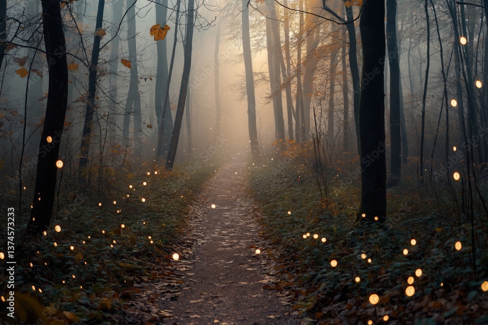 Obraz premium A misty forest at dawn, where the first light of morning illuminates the dewdrops on the leaves. A narrow dirt path winds through the trees, leading to an unseen destination.