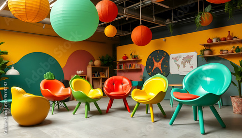 Colorful fruit shaped chairs in a brightly painted playroom setting