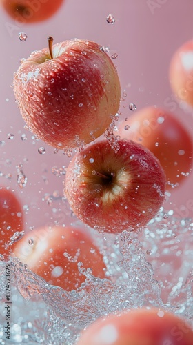Fresh Red Apples Splashing in Water Against a Pink Backdrop During Bright Lig...