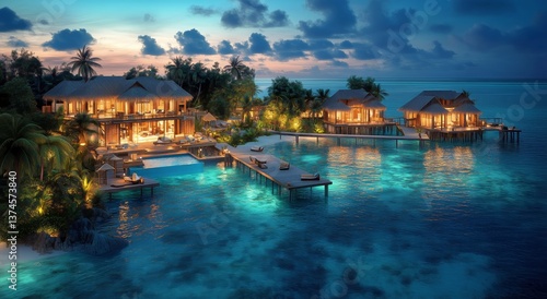 Relaxing Sunset View at Tropical Beach Resort With Charming Overwater Bungalows