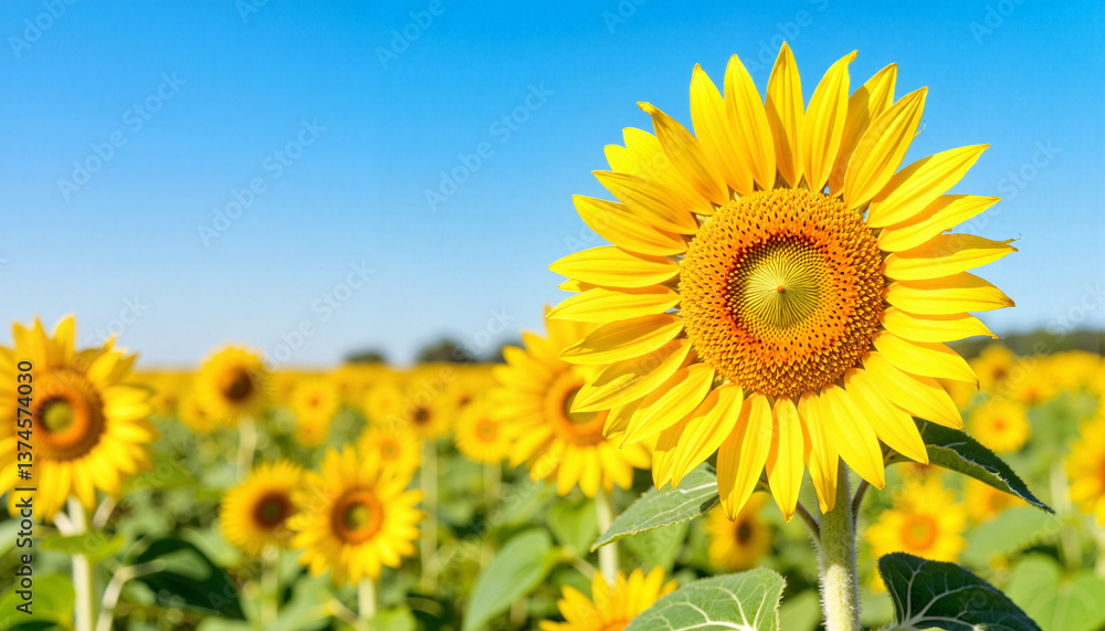Vibrant sunflower head under clear blue sky, summer beauty Vibrant sunflower head under clear blue sky, summer beauty