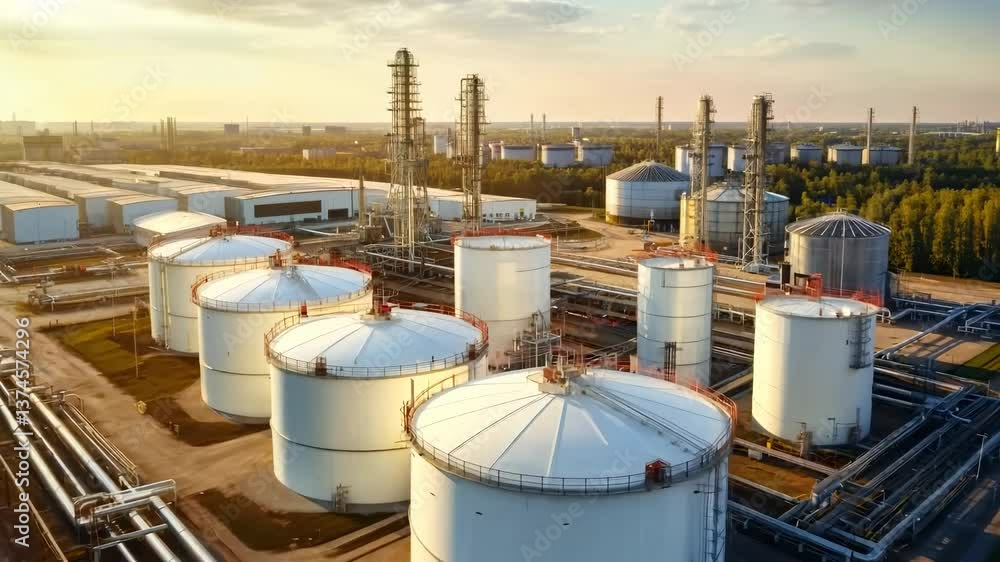 Aerial view of an industrial complex with large storage tanks and pipelines at sunset, ideal for a corporate video showcasing energy infrastructure. Aerial view of an industrial complex with large storage tanks and pipelines at sunset, ideal for a corporate video showcasing energy infrastructure.