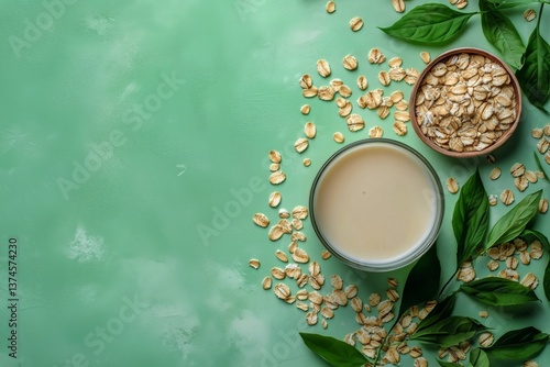 Oat Milk Preparation With Oats and Barley on a Teal Backdrop