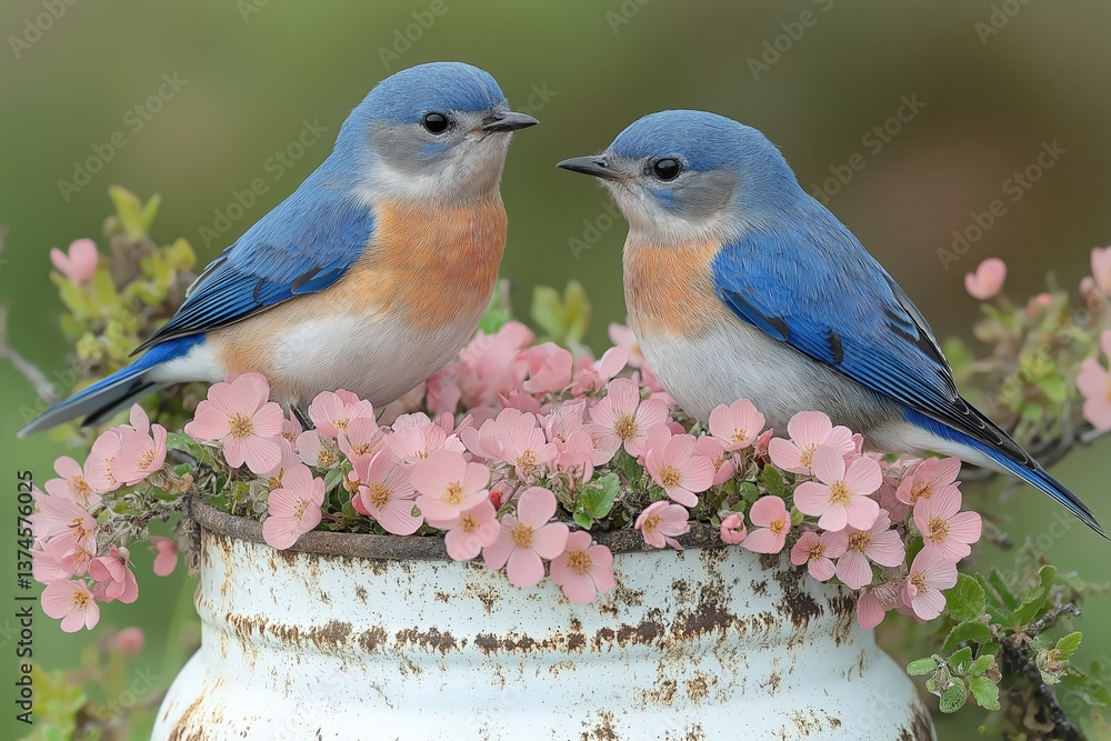 Obraz premium Two eastern bluebirds sitting on a rustic white jug decorated with soft pink spring flowers