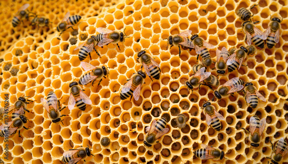 Intricate honeycomb structure with bees in apiary, nature's craftsmanship Intricate honeycomb structure with bees in apiary, nature's craftsmanship