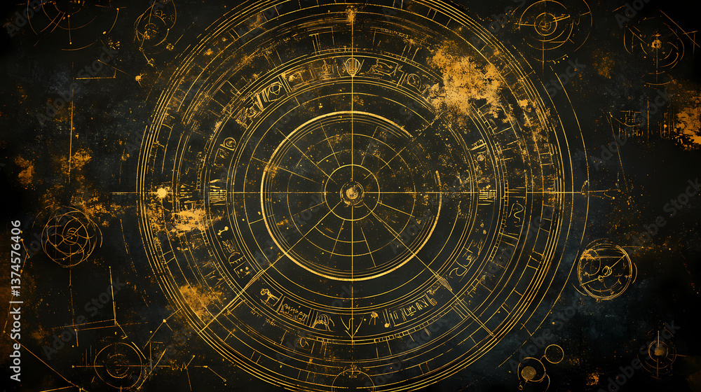 Obraz premium Celestial zodiac engraving with ancient symbols. Ethereal Engraving. Illustration