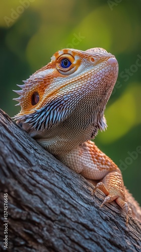 Colorful Bearded Dragon Basking on a Textured Surface in a Natural Setting