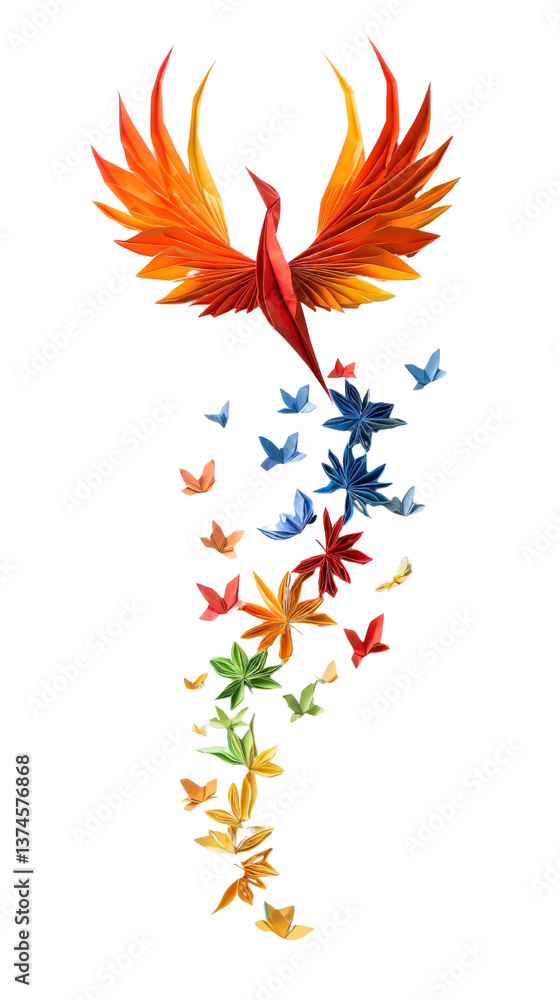 Vibrant Phoenix Soaring with Colorful Butterflies in Flight Vibrant Phoenix Soaring with Colorful Butterflies in Flight