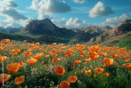 Vivid Orange Poppies Bloom Across Rolling Hills Beneath a Dramatic Sky in a P...
