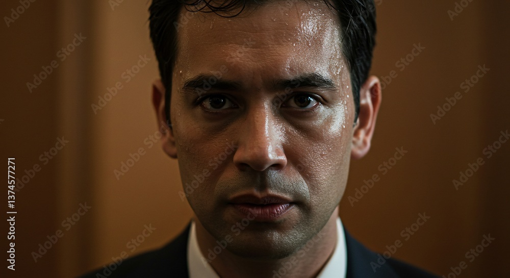 Close up of a sweaty man in a suit looking directly at the camera with a serious expression on his face Close up of a sweaty man in a suit looking directly at the camera with a serious expression on his face