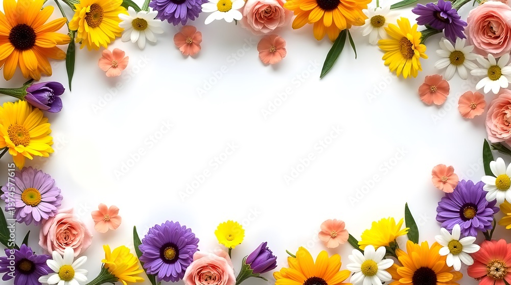Fototapeta premium Vibrant Floral Border with Spring Blooms. Elegant Botanical Flat Lay Design