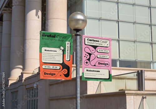 Mockup Of Two Vertical Customized Banners By Building