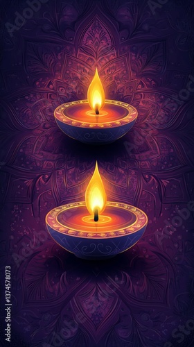 Beautiful Decorative Candles Glowing on Dark Purple Background During Festive...
