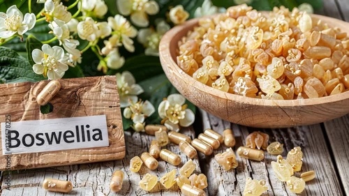 Boswellia and supplement capsules. Selective focus. nature.