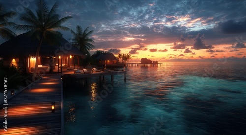Relaxing Sunset View at Tropical Beach Resort With Charming Overwater Bungalows