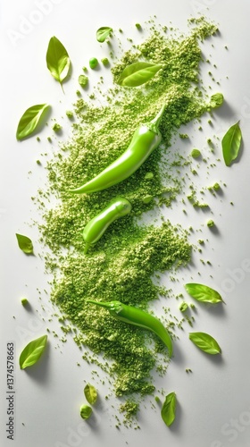Bright Green Spices and Fresh Basil Leaves Arranged Artistically on a White S...