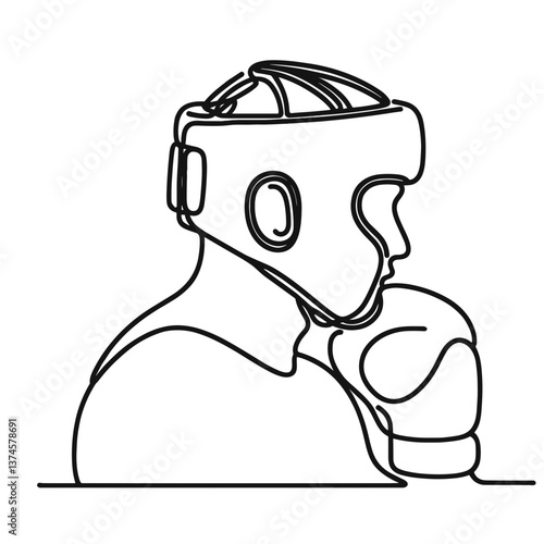 Boxer in Helmet Preparing for Match in Minimalist Outline Style  