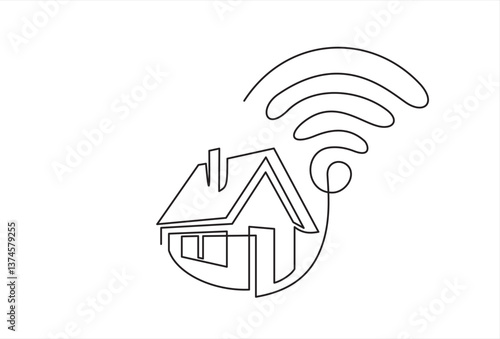 Smart house with wifi continuous one line drawing of white background. Continuous Line Drawing of Smart House Icon. Hand Drawn Symbol Vector Illustration, Work From Home Line Icons With Editable.