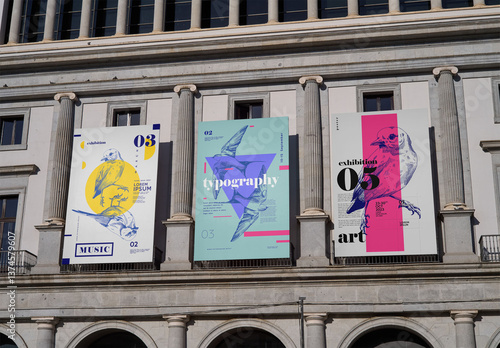 Mockup Of Three Vertical Customized Banners On Building