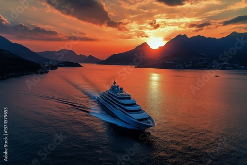 Luxurious Yacht Cruising in Stunning Sunset Over Calm Waters Near Mountain Range