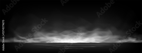 Realistic 3D vector of fog, smoke or white smog cloud on floor. Morning mist covering ground or water surface in perspective view. Isolated steam ring at nightclub, magical haze or evaporation effect.