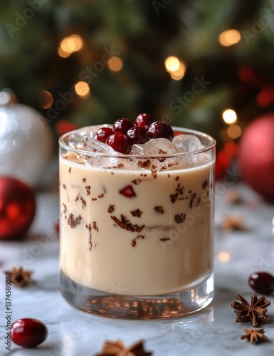 Festive Drink With Cranberries and Ice Displayed on a Marble Surface During H...