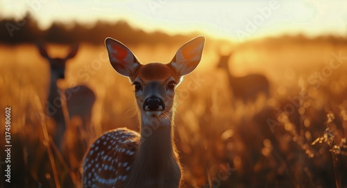 Fawn Exploring a Golden Field in the Evening Light Near a Forest