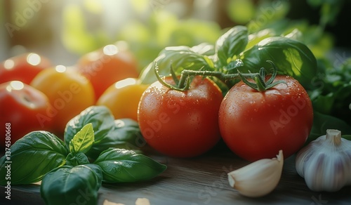 Fresh Ingredients for a Flavorful Meal Prepared Outdoors in Bright Sunlight D...