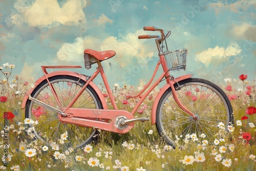 Vintage Bicycle in a Field of Colorful Flowers During a Serene Sunset