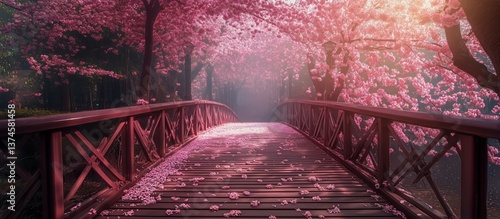 Serene Cherry Blossom Park Bridge During Misty Early Morning Hours