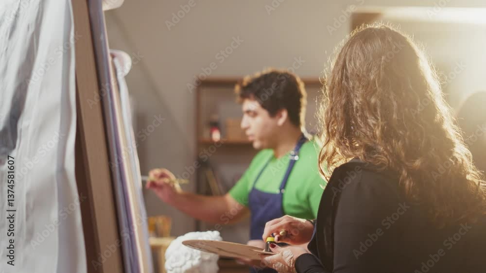 Art school with a group learning how to paint. Art education concept.
Art school with a group learning how to paint. Art education concept.