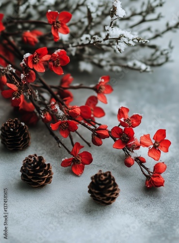 Vibrant Red Blossoms and Pine Cones on Snow-Covered Surface in Winter Outdoors