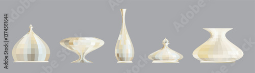Marble or ceramic vases and bowls of various shapes. Mosaic-patterned vases. Abstract geometric ancient pottery with marble texture collection. Vector illustration. Isolated white background.